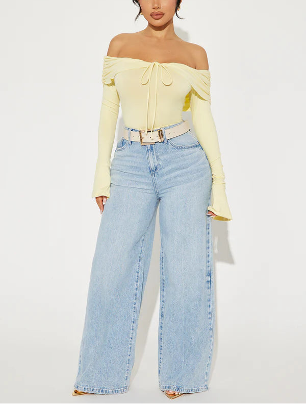 Off Shoulder Cropped Top with Tie Detail in Yellow