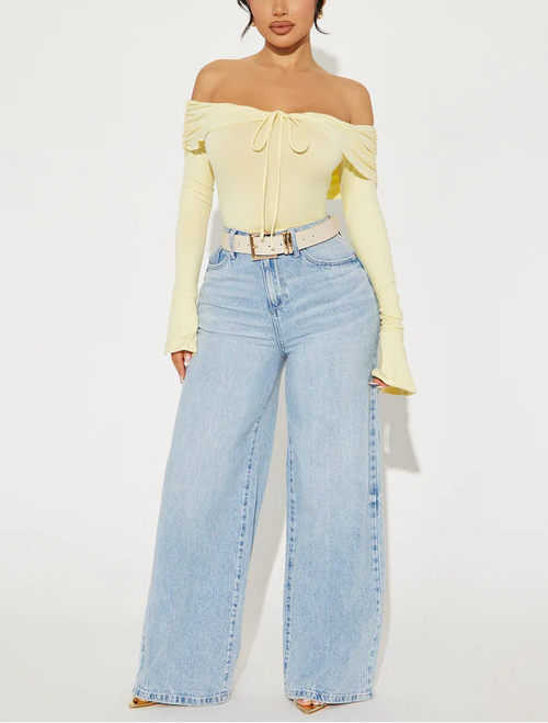 Off Shoulder Cropped Top with Tie Detail in Yellow
