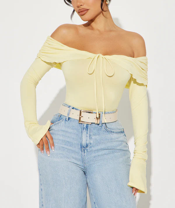 Off Shoulder Cropped Top with Tie Detail in Yellow