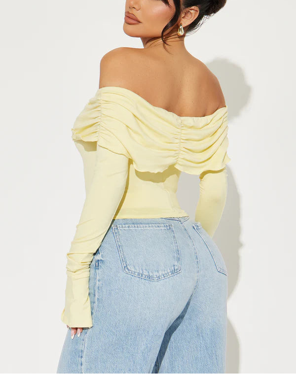 Off Shoulder Cropped Top with Tie Detail in Yellow