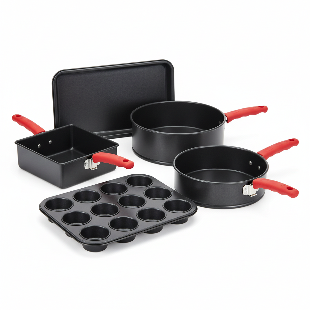 BAKKENMASTER Baking Set – 6 Piece Kitchen Oven Bakeware Set – Deluxe Non-Stick Black Coating Inside and Outside – Carbon Steel – Red Silicone Handles – PFOA PFOS and PTFE Free by Bakken