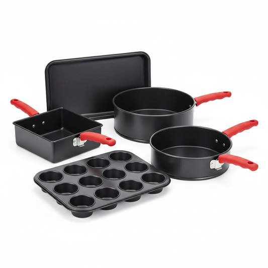 BAKKENMASTER Baking Set – 6 Piece Kitchen Oven Bakeware Set – Deluxe Non-Stick Black Coating Inside and Outside – Carbon Steel – Red Silicone Handles – PFOA PFOS and PTFE Free by Bakken